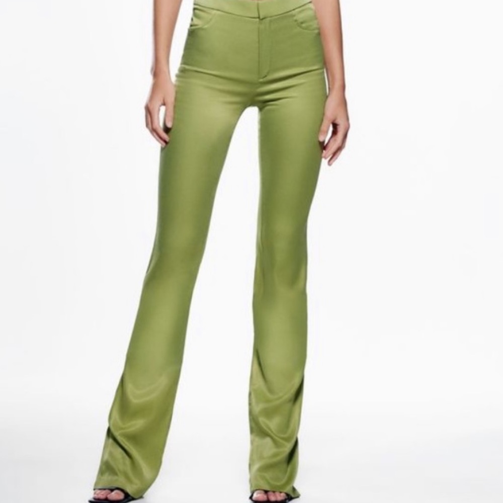 Zara satin green pants with slit